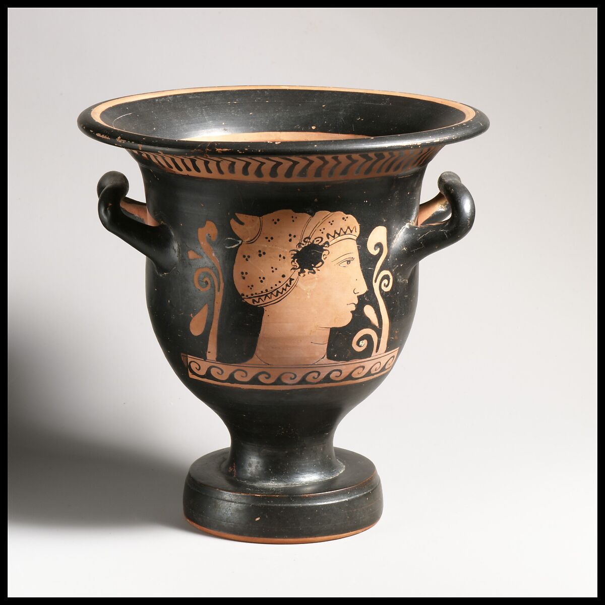 Terracotta bell-krater (bowl for mixing wine and water), Attributed to the Chevron Group, Archidamos Sub-Group, Terracotta, Greek, South Italian, Apulian 