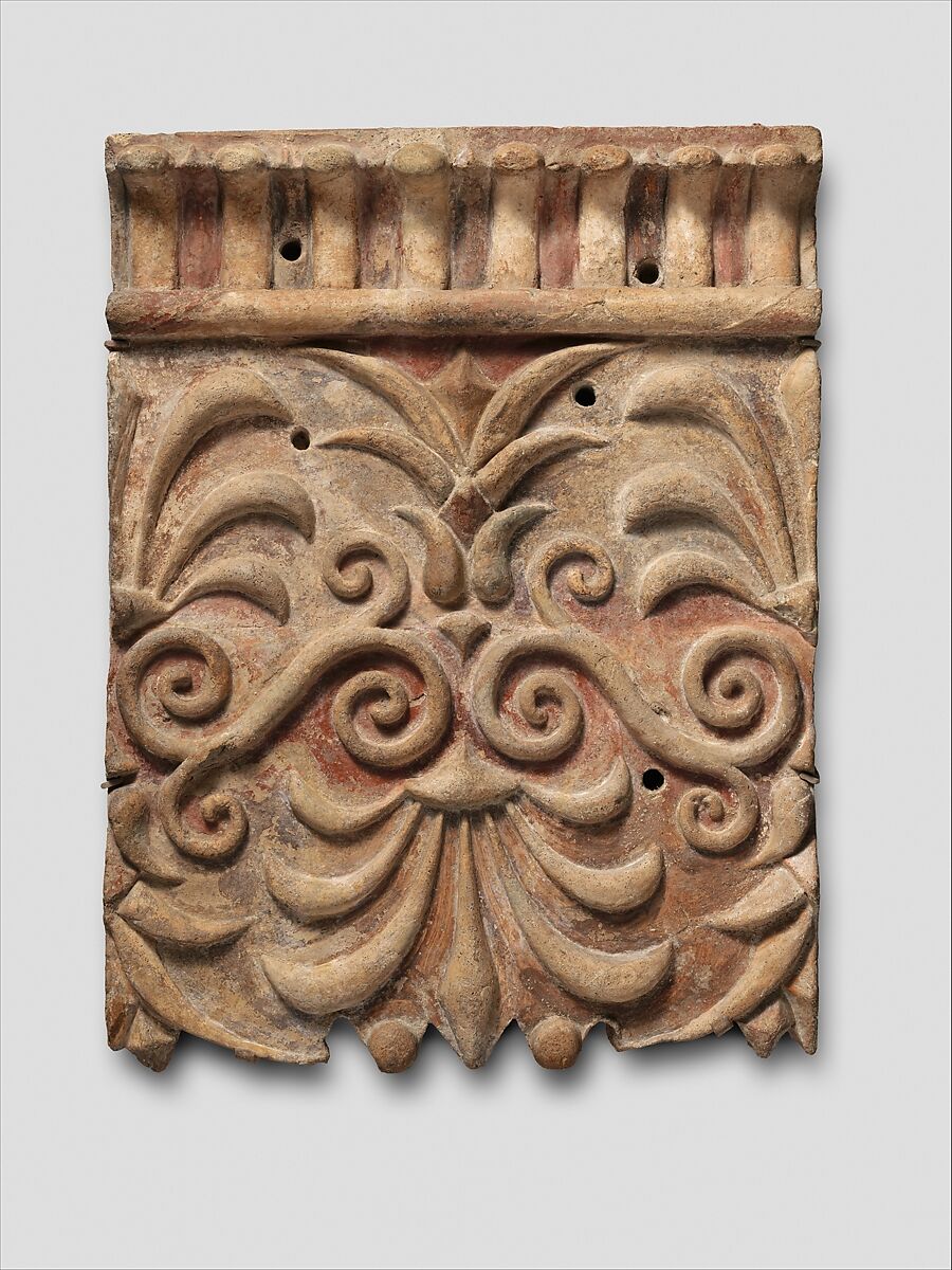Terracotta architectural plaque with lotus and palmette designs, Terracotta, paint, Etruscan 