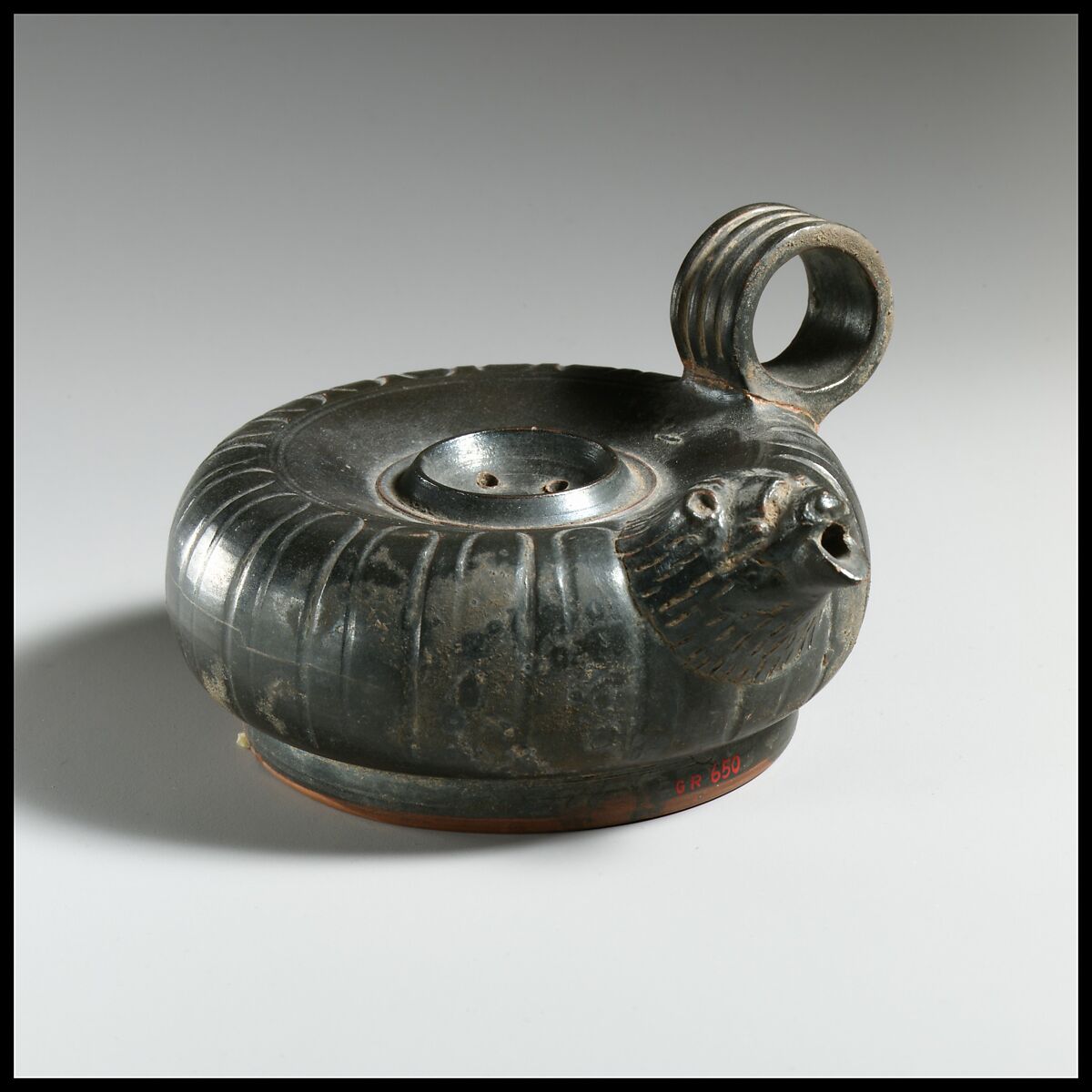 Terracotta guttus (flask with handle and spout), Terracotta, Greek, South Italian, Campanian 