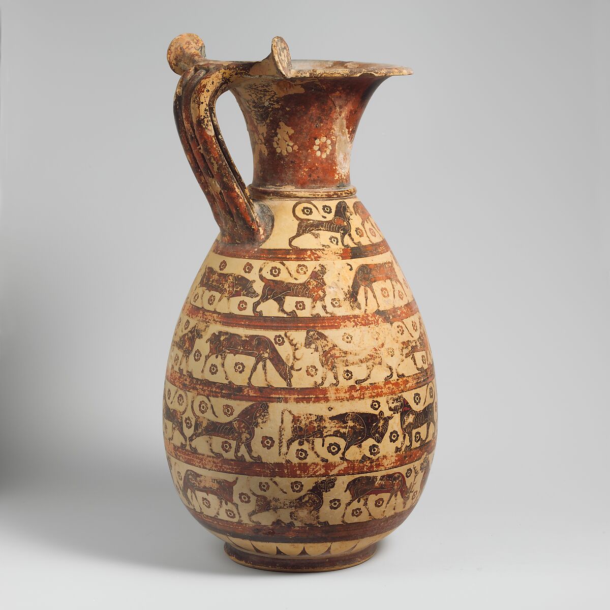 Terracotta oinochoe:olpe (jug), Attributed to the Sphinx Painter, Terracotta, Greek, Corinthian