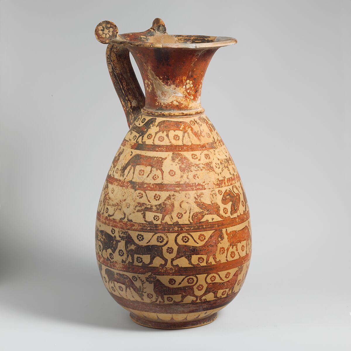 Terracotta oinochoe:olpe (jug), Attributed to the Sphinx Painter, Terracotta, Greek, Corinthian 