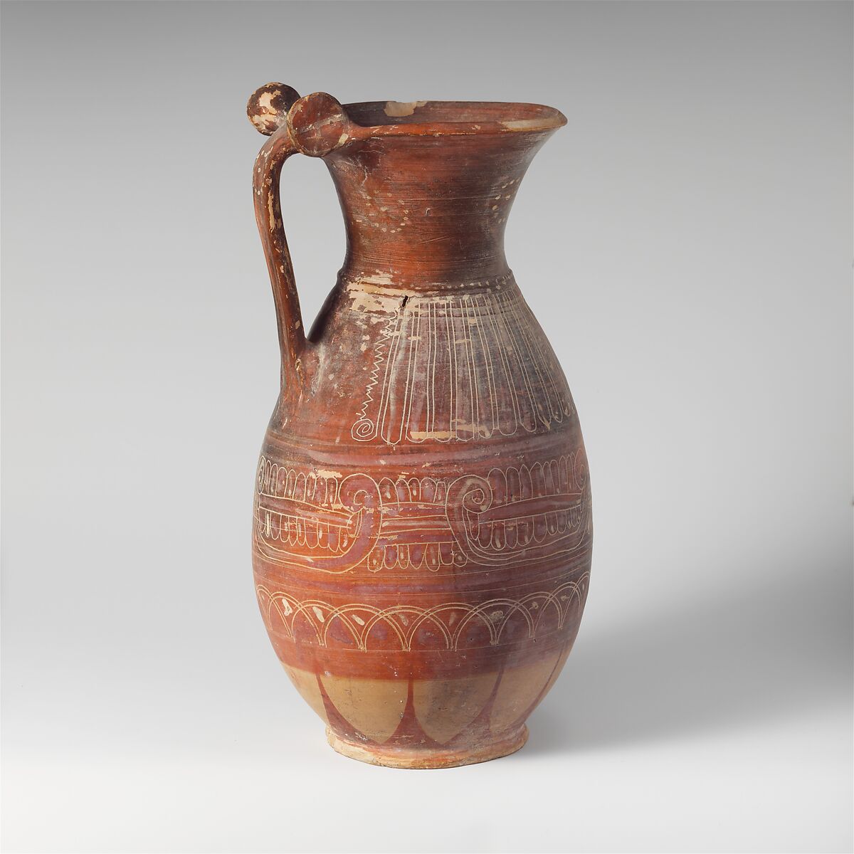 Terracotta olpe (jug), Terracotta, Etruscan, Italo-Corinthian 