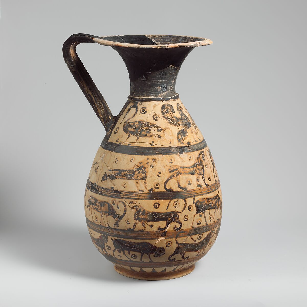 Terracotta oinochoe:olpe (jug), Milazzo Painter, Terracotta, Greek, Corinthian
