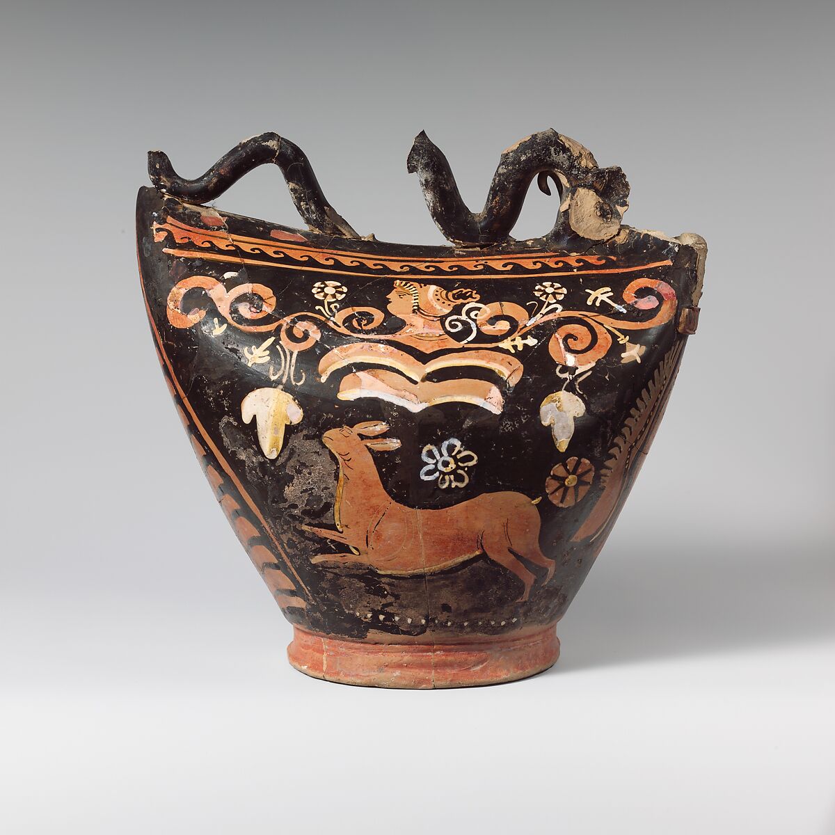 Terracotta askos (flask with a handle over the top), Compared to the Mignot Painter, Terracotta, Greek, South Italian, Apulian