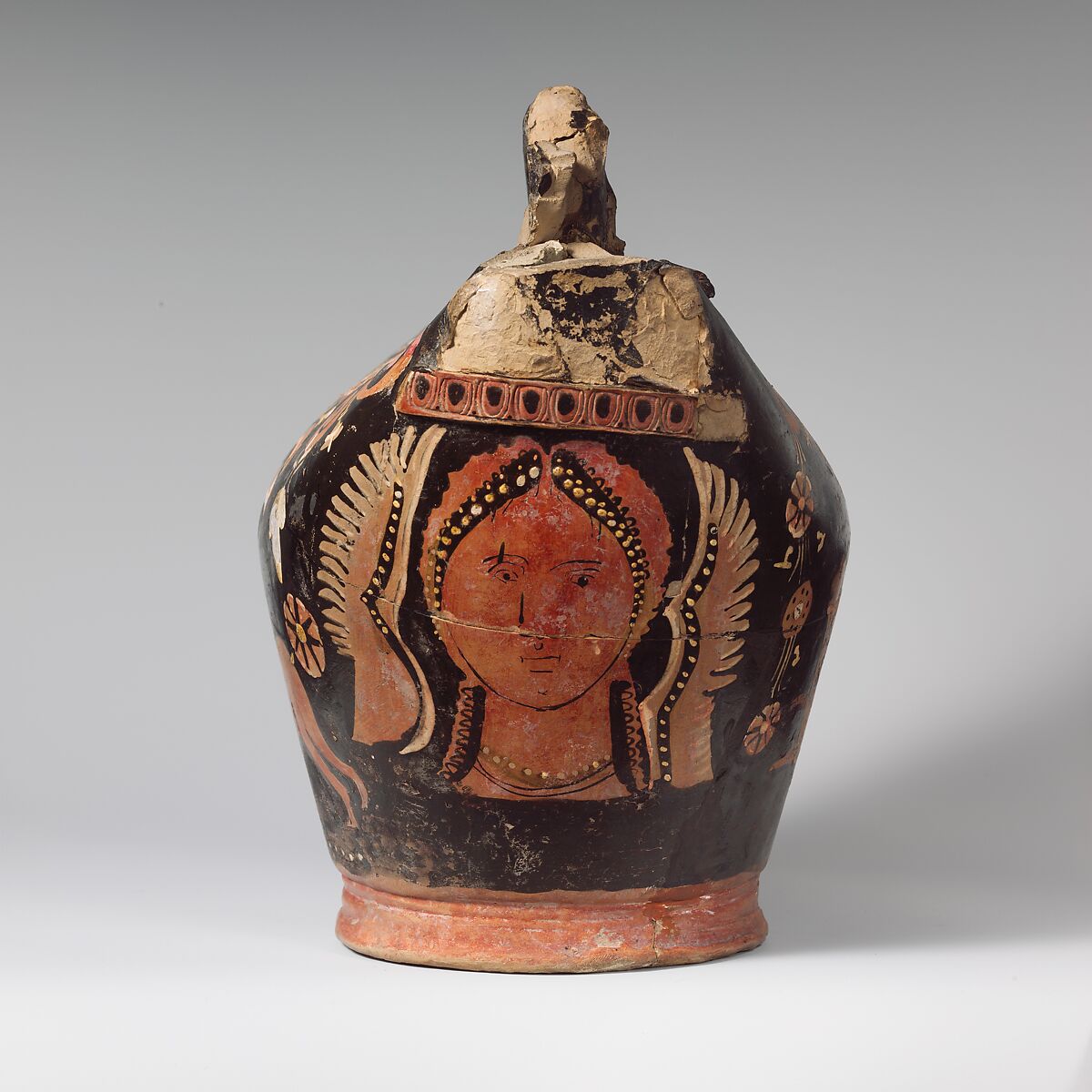Terracotta askos (flask with a handle over the top), Compared to the Mignot Painter, Terracotta, Greek, South Italian, Apulian