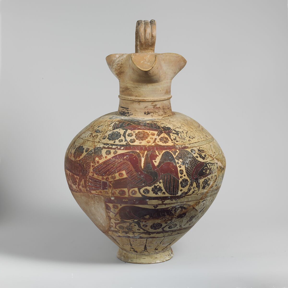 Terracotta oinochoe (jug), Attributed to the Painter of Munich 237, Terracotta, Greek, Corinthian 