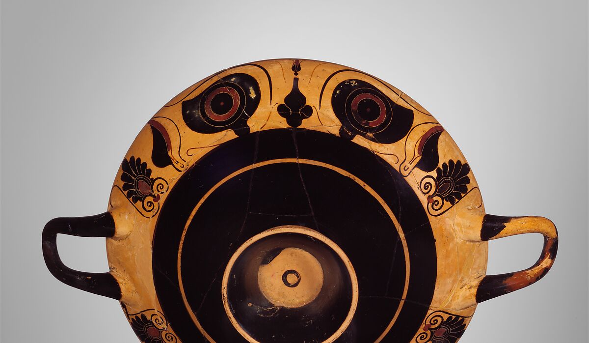 Terracotta kylix (drinking cup), Attributed to the Group of the Phineus Painter, Terracotta, Greek, Chalcidian