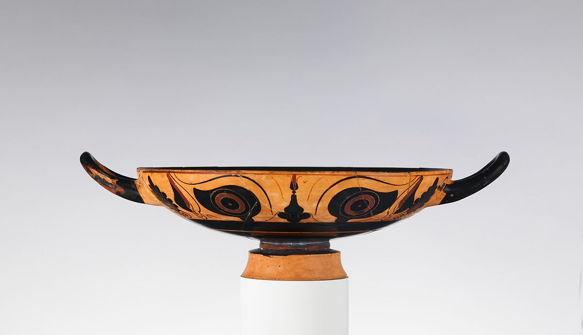 Terracotta kylix (drinking cup), Attributed to the Group of the Phineus Painter, Terracotta, Greek, Chalcidian 