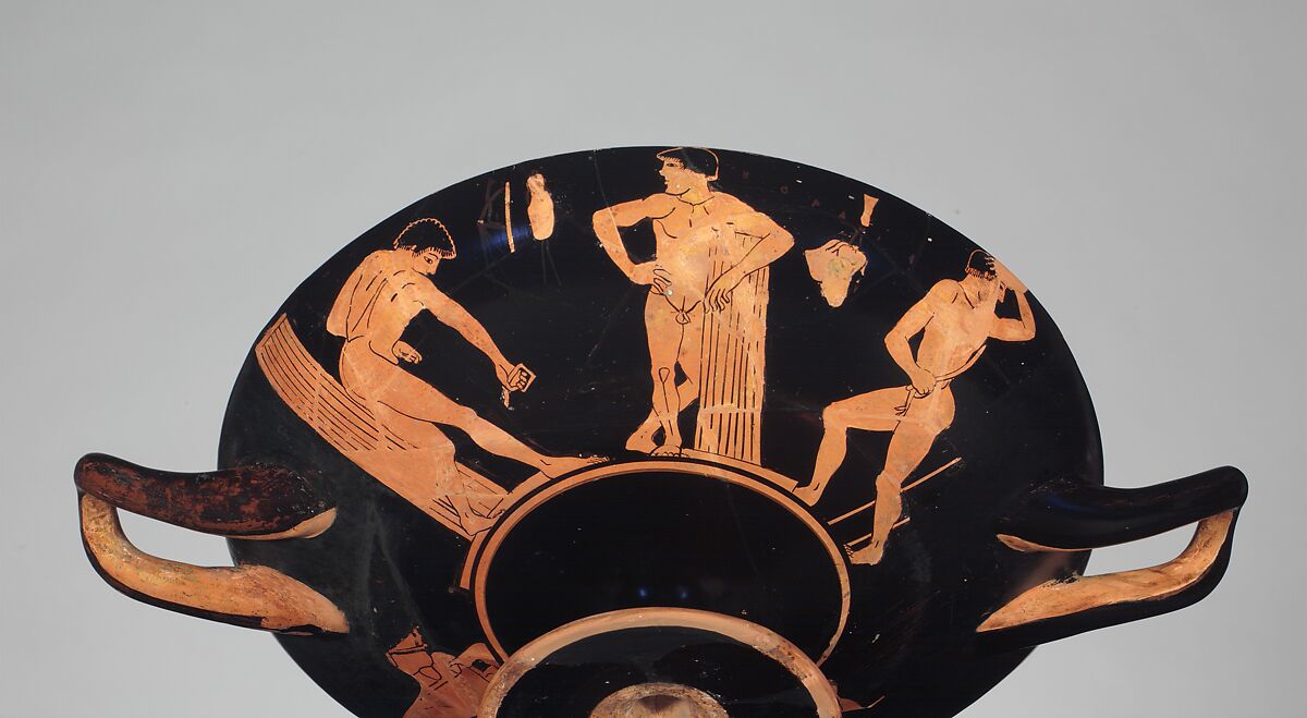 Terracotta kylix (drinking cup), Attributed to the Antiphon Painter, Terracotta, Greek, Attic