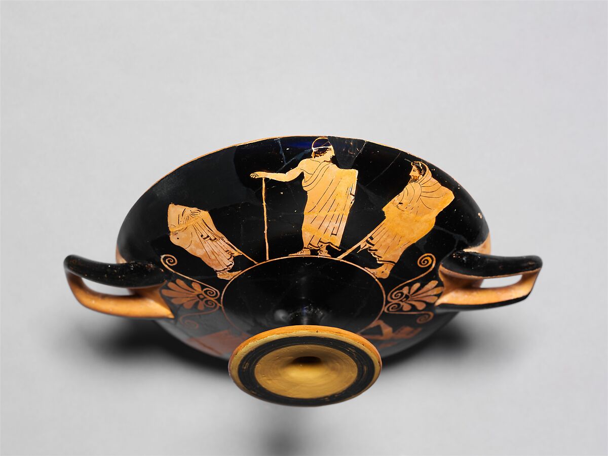 Terracotta kylix (drinking cup), Attributed to a follower of Makron, Terracotta, Greek, Attic