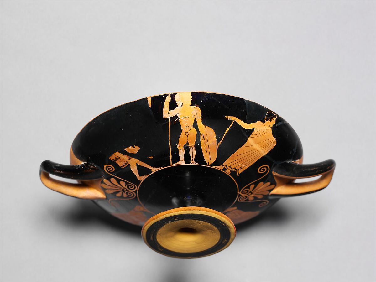 Terracotta kylix (drinking cup), Attributed to a follower of Makron, Terracotta, Greek, Attic