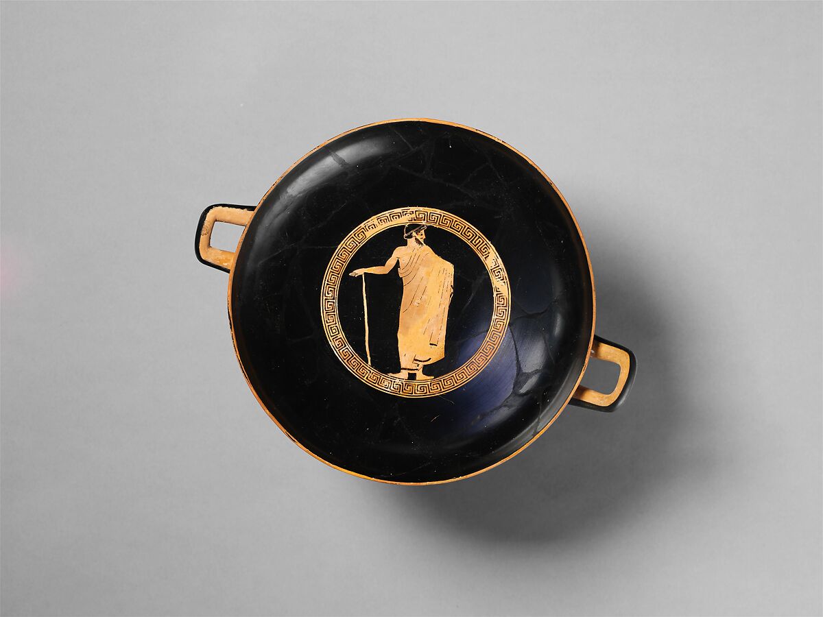 Terracotta kylix (drinking cup), Attributed to a follower of Makron, Terracotta, Greek, Attic
