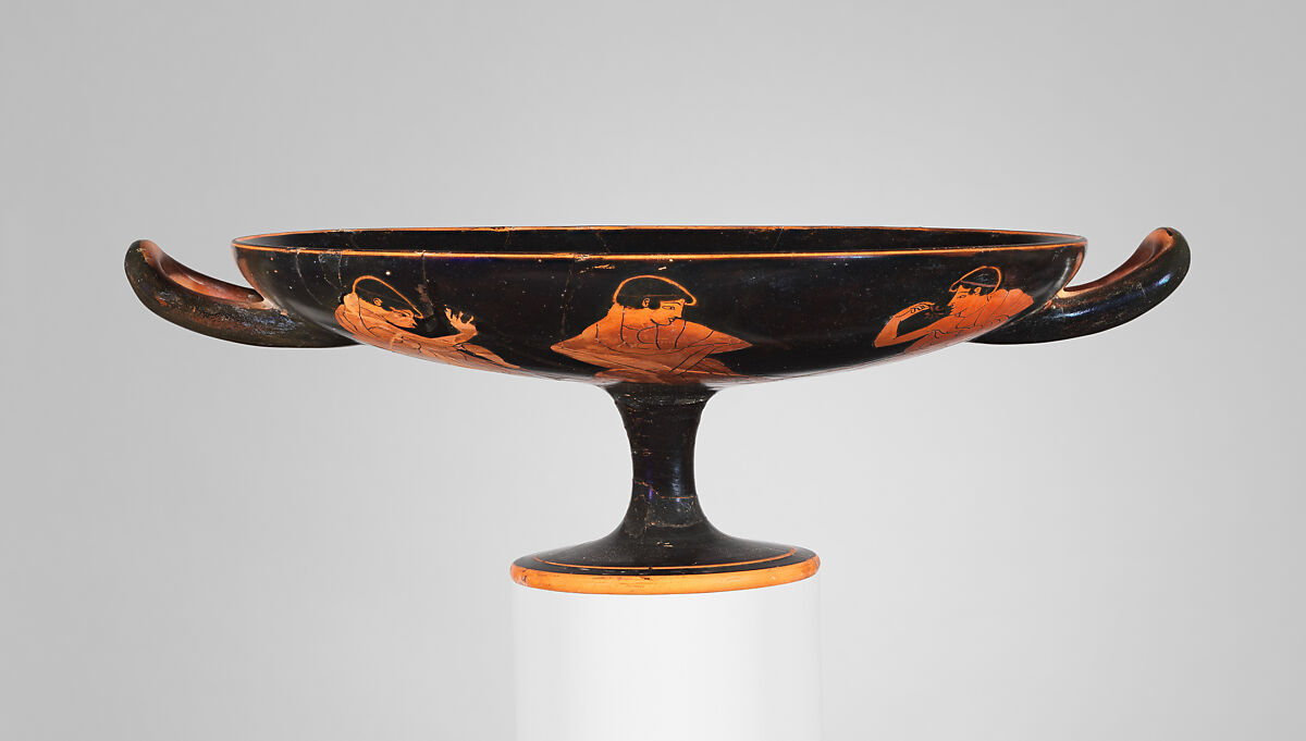 Terracotta kylix (drinking cup), Attributed to Makron, Terracotta, Greek, Attic