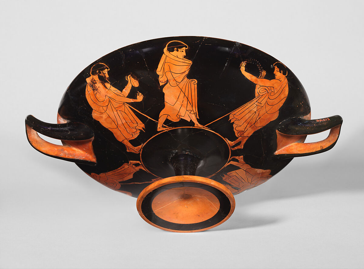 Terracotta kylix (drinking cup), Attributed to Makron, Terracotta, Greek, Attic