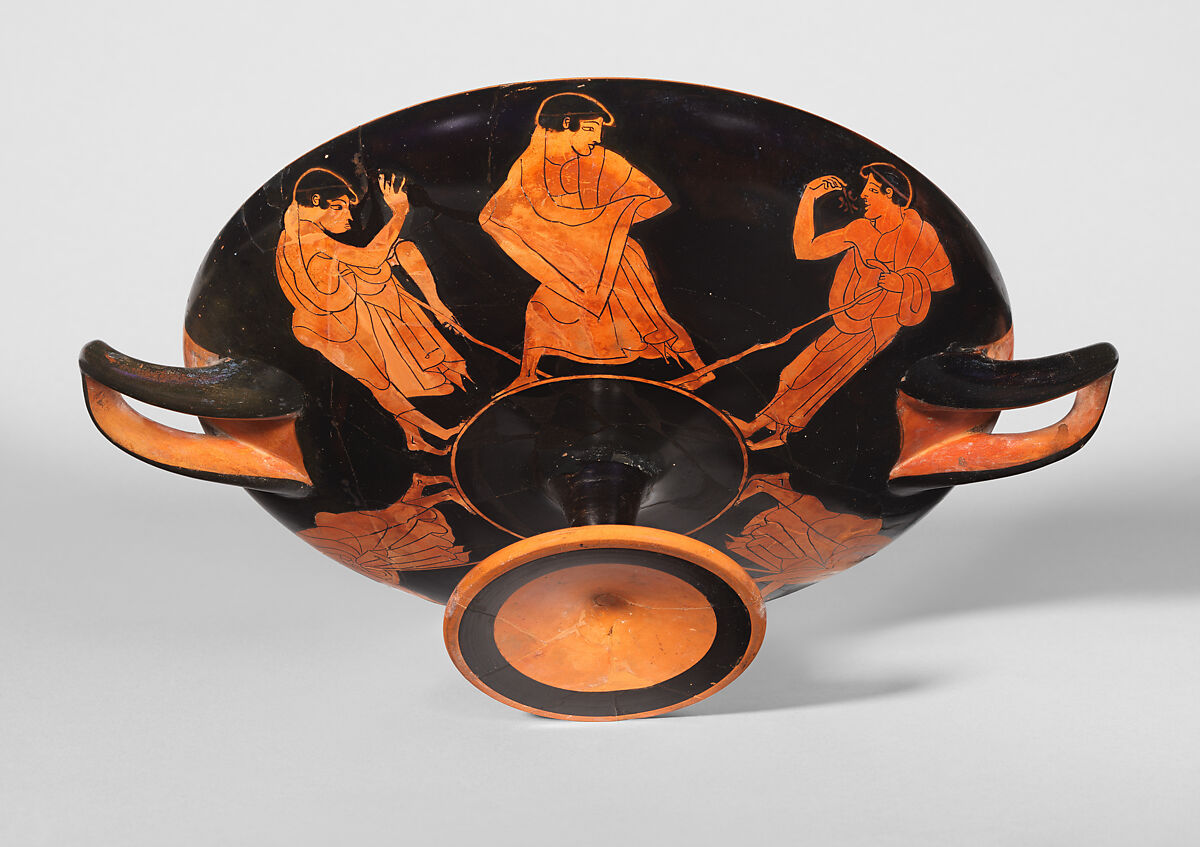 Terracotta kylix (drinking cup), Attributed to Makron, Terracotta, Greek, Attic