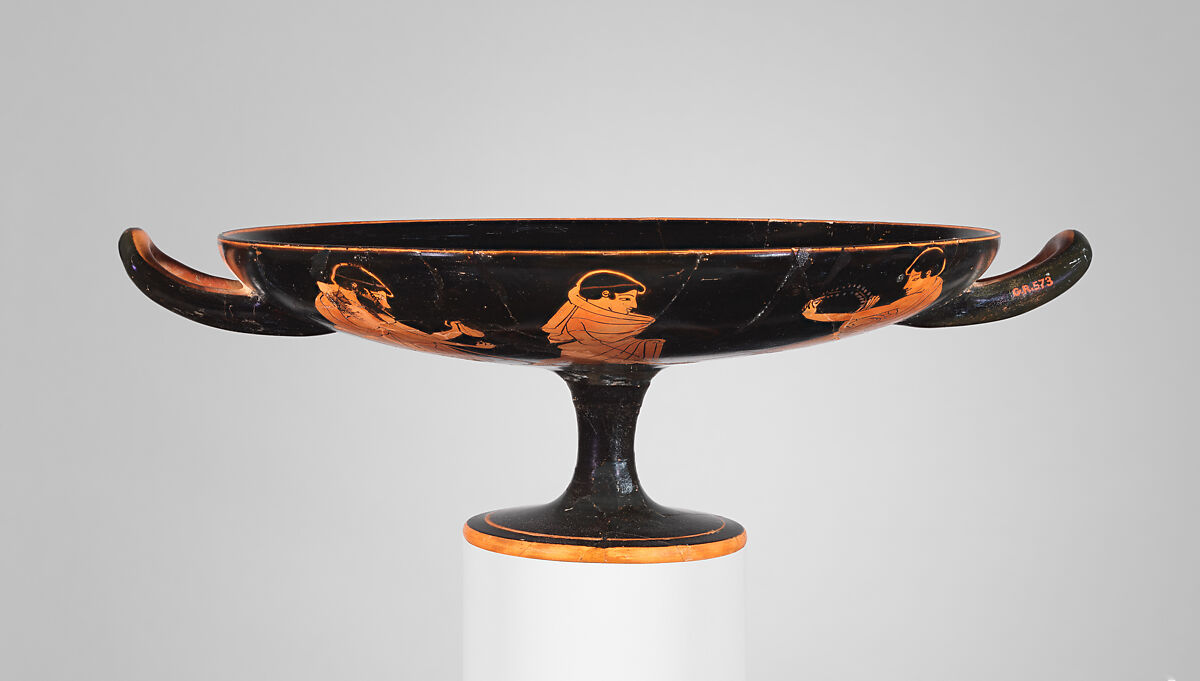 Terracotta kylix (drinking cup), Attributed to Makron, Terracotta, Greek, Attic