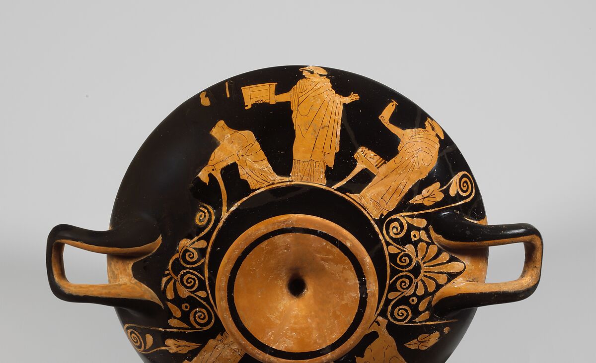 Terracotta kylix (drinking cup), Attributed to the Painter of London E 100, Terracotta, Greek, Attic