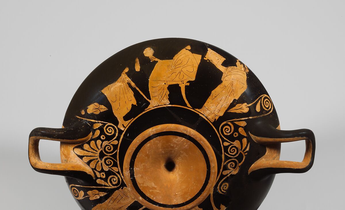 Terracotta kylix (drinking cup), Attributed to the Painter of London E 100, Terracotta, Greek, Attic