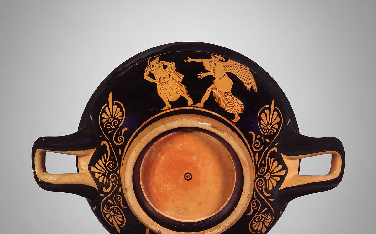 Terracotta stemless kylix (drinking cup), Attributed to the Penthesilea Painter, Terracotta, Greek, Attic