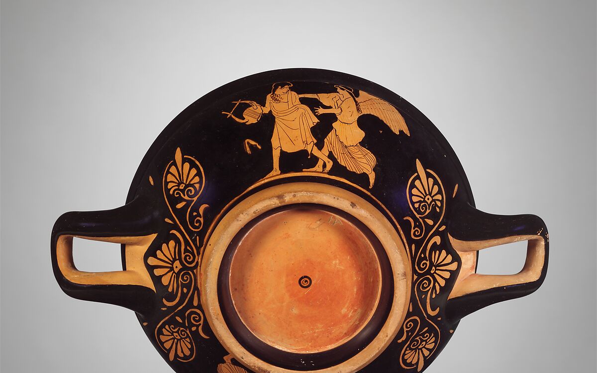 Terracotta stemless kylix (drinking cup), Attributed to the Penthesilea Painter, Terracotta, Greek, Attic 