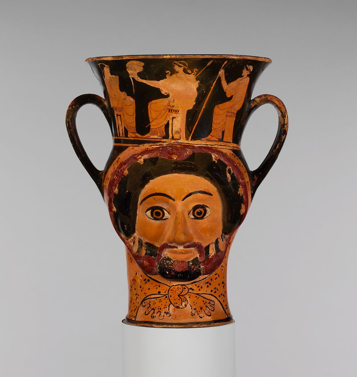 Terracotta kantharos (drinking cup) in the form of the heads of Herakles and of a woman, Attributed to the Syriskos Painter, Terracotta, Greek, Attic 