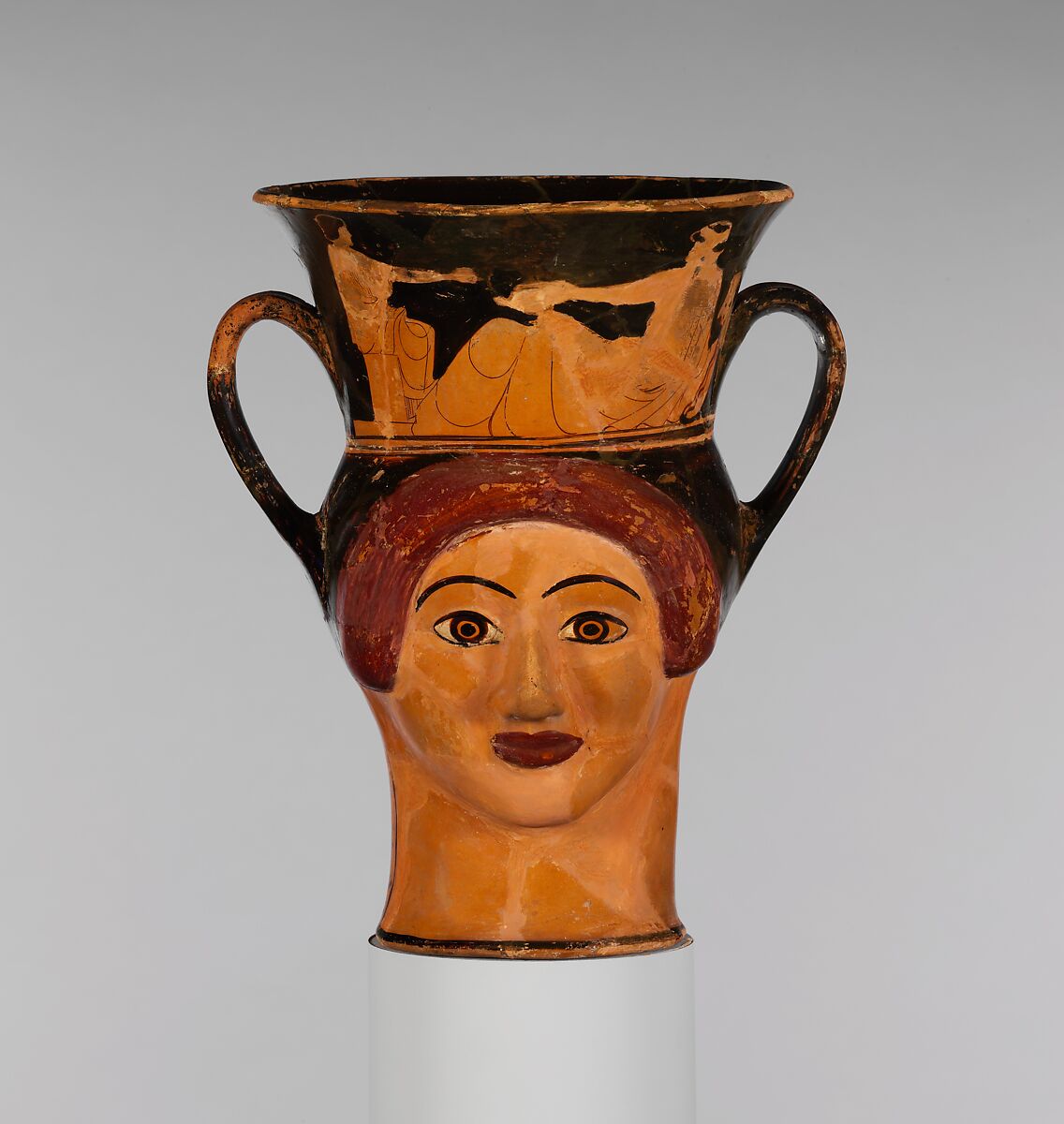 Terracotta kantharos (drinking cup) in the form of the heads of Herakles and of a woman, Attributed to the Syriskos Painter, Terracotta, Greek, Attic