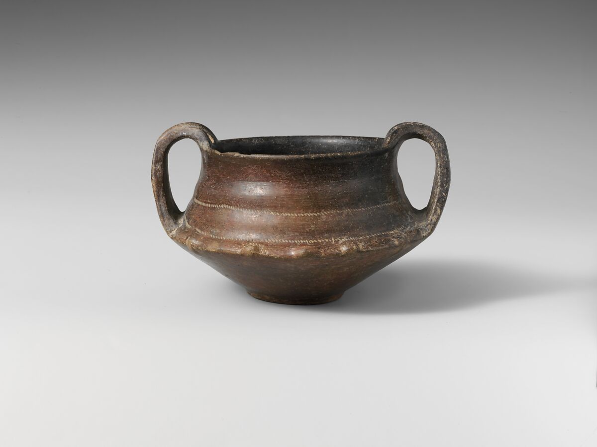 Terracotta kantharos (drinking cup with high handles), Terracotta, Etruscan 