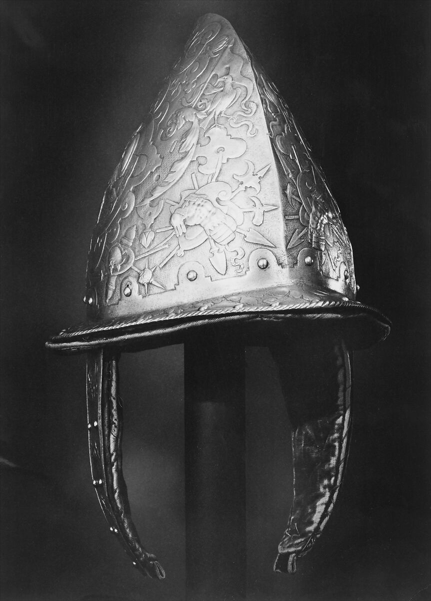 Helmet, Breastplate, and Backplate, Signed on the backplate by D. G. V. Lochorst (Flemish, possibly Antwerp, active ca. 1575), Steel, leather, textile (velvet, wool), Flemish, possibly Antwerp