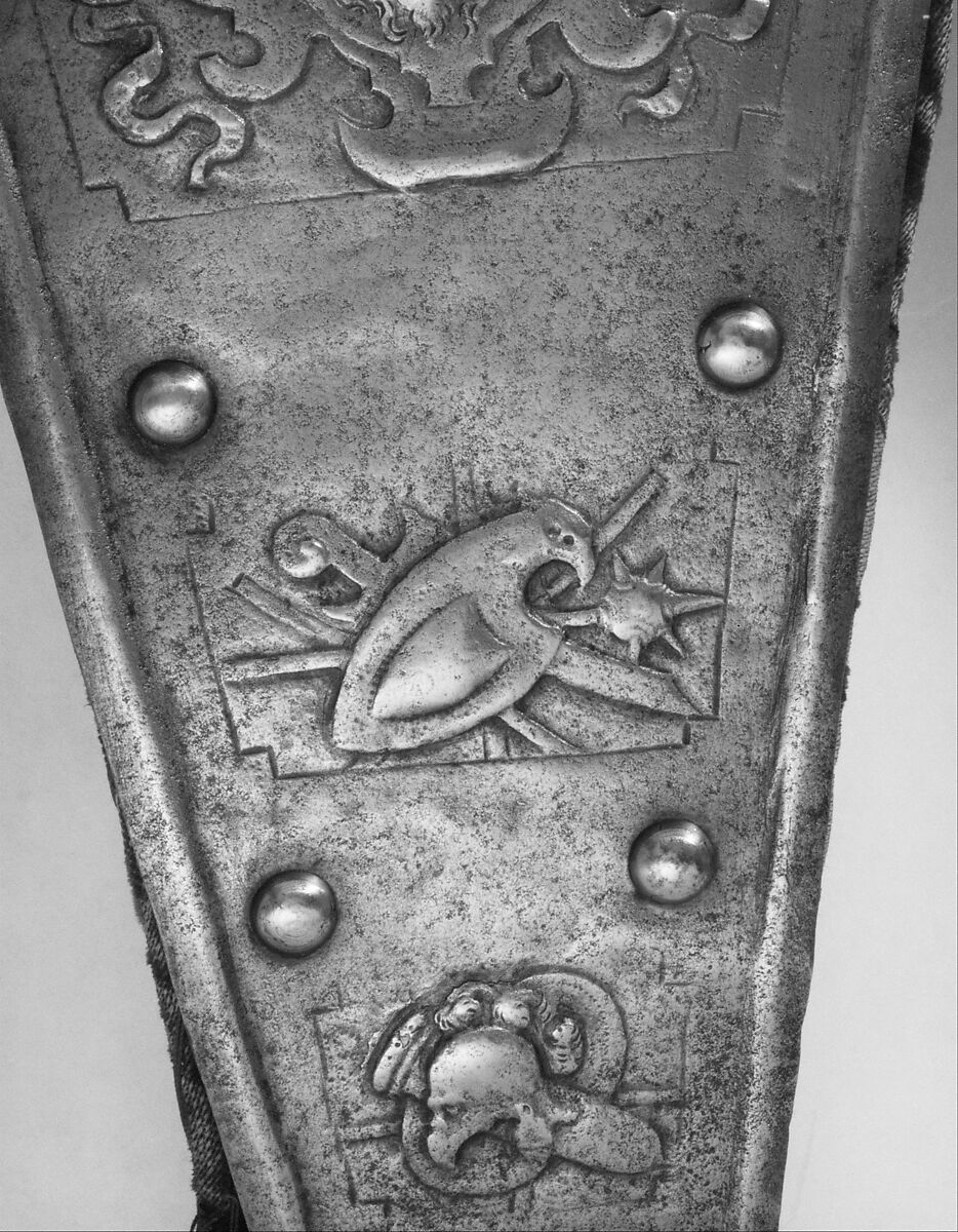 Helmet, Breastplate, and Backplate, Signed on the backplate by D. G. V. Lochorst (Flemish, possibly Antwerp, active ca. 1575), Steel, leather, textile (velvet, wool), Flemish, possibly Antwerp