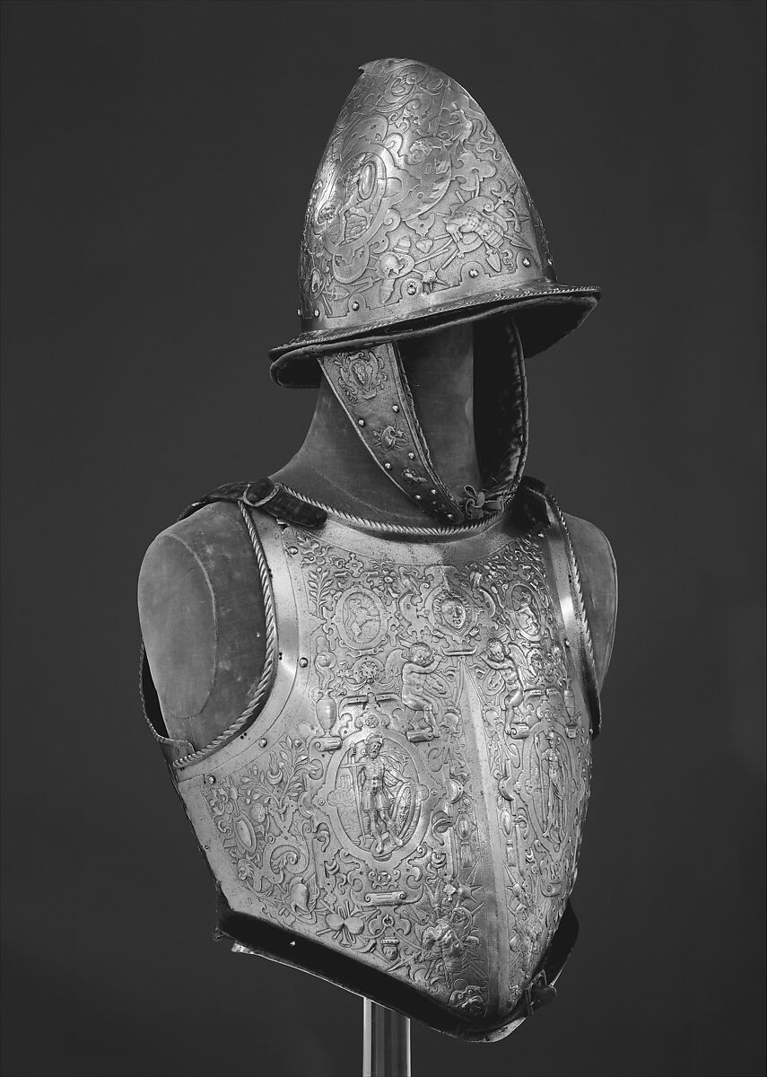 Helmet, Breastplate, and Backplate, Signed on the backplate by D. G. V. Lochorst (Flemish, possibly Antwerp, active ca. 1575), Steel, leather, textile (velvet, wool), Flemish, possibly Antwerp 