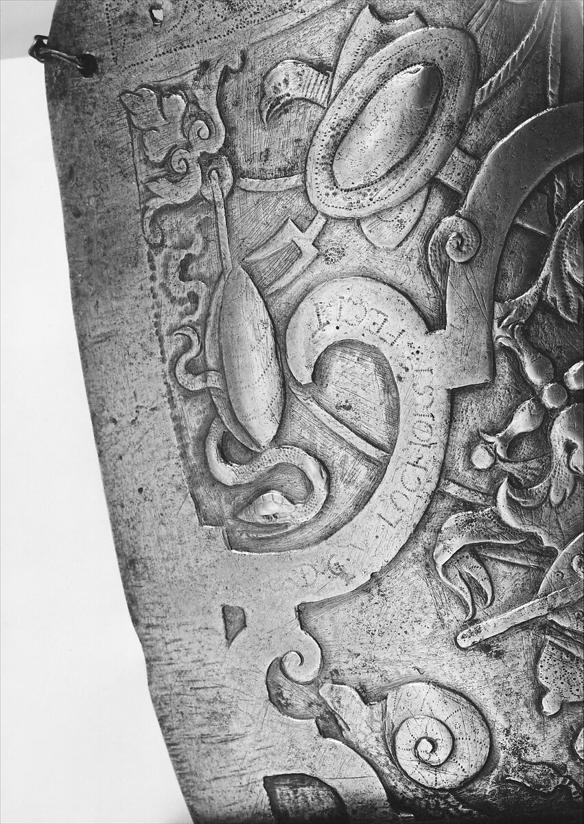 Helmet, Breastplate, and Backplate, Signed on the backplate by D. G. V. Lochorst (Flemish, possibly Antwerp, active ca. 1575), Steel, leather, textile (velvet, wool), Flemish, possibly Antwerp