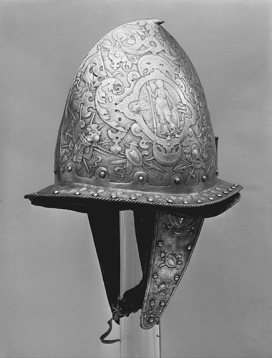 Helmet, Breastplate, and Backplate, Signed on the backplate by D. G. V. Lochorst (Flemish, possibly Antwerp, active ca. 1575), Steel, leather, textile (velvet, wool), Flemish, possibly Antwerp