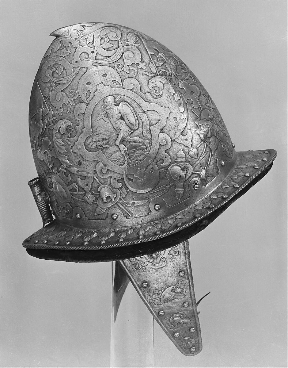 Helmet, Breastplate, and Backplate, Signed on the backplate by D. G. V. Lochorst (Flemish, possibly Antwerp, active ca. 1575), Steel, leather, textile (velvet, wool), Flemish, possibly Antwerp