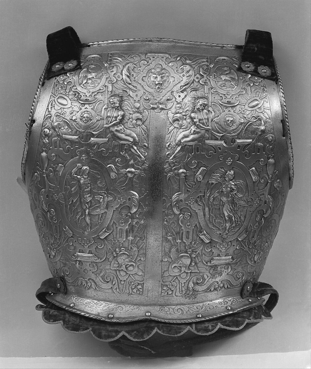 Helmet, Breastplate, and Backplate, Signed on the backplate by D. G. V. Lochorst (Flemish, possibly Antwerp, active ca. 1575), Steel, leather, textile (velvet, wool), Flemish, possibly Antwerp