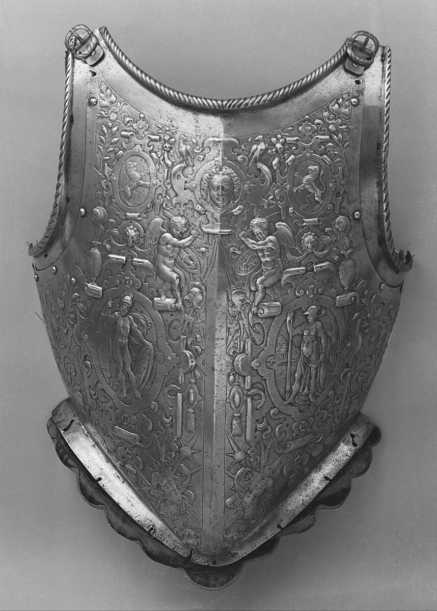 Helmet, Breastplate, and Backplate, Signed on the backplate by D. G. V. Lochorst (Flemish, possibly Antwerp, active ca. 1575), Steel, leather, textile (velvet, wool), Flemish, possibly Antwerp