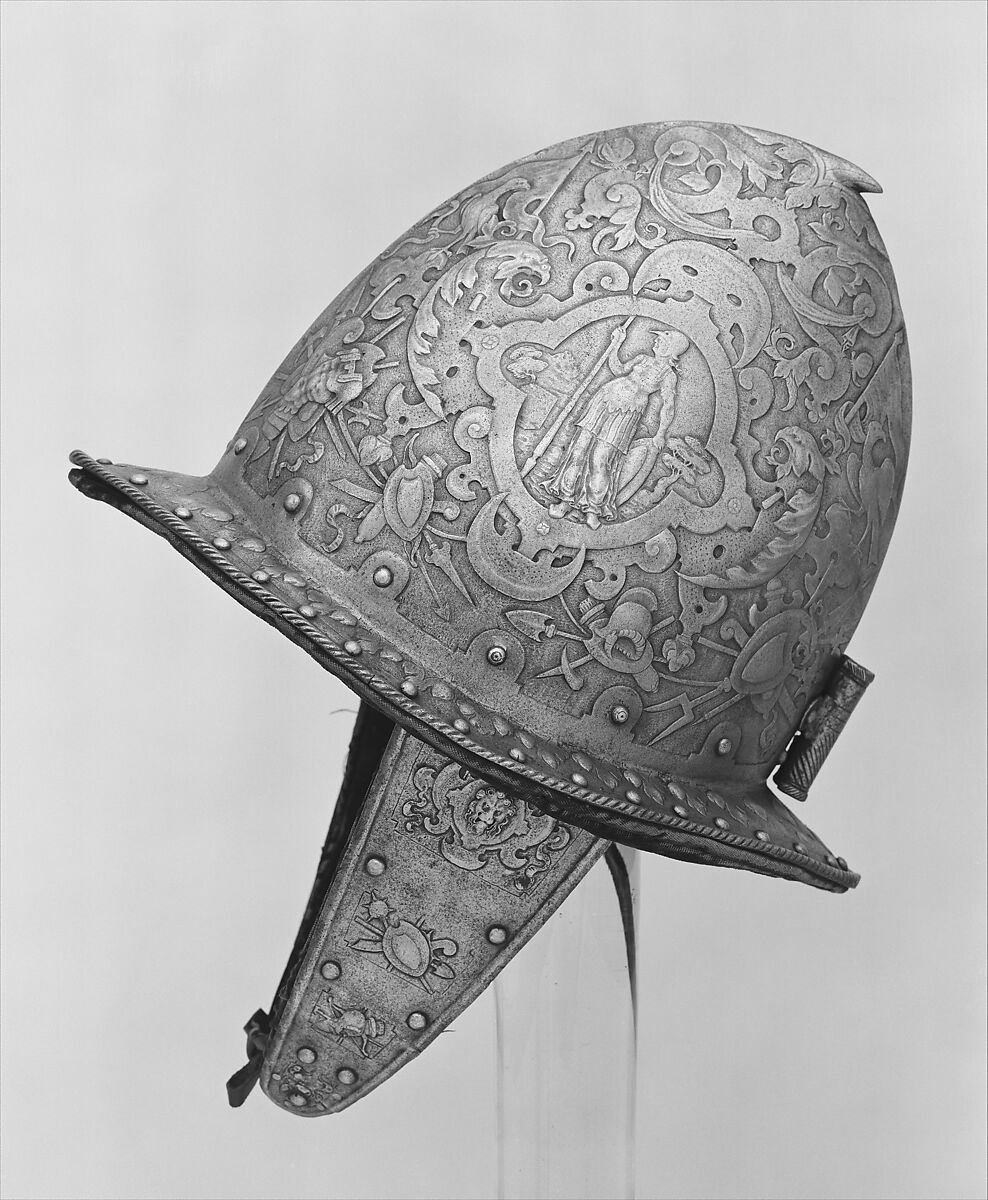 Helmet, Breastplate, and Backplate, Signed on the backplate by D. G. V. Lochorst (Flemish, possibly Antwerp, active ca. 1575), Steel, leather, textile (velvet, wool), Flemish, possibly Antwerp