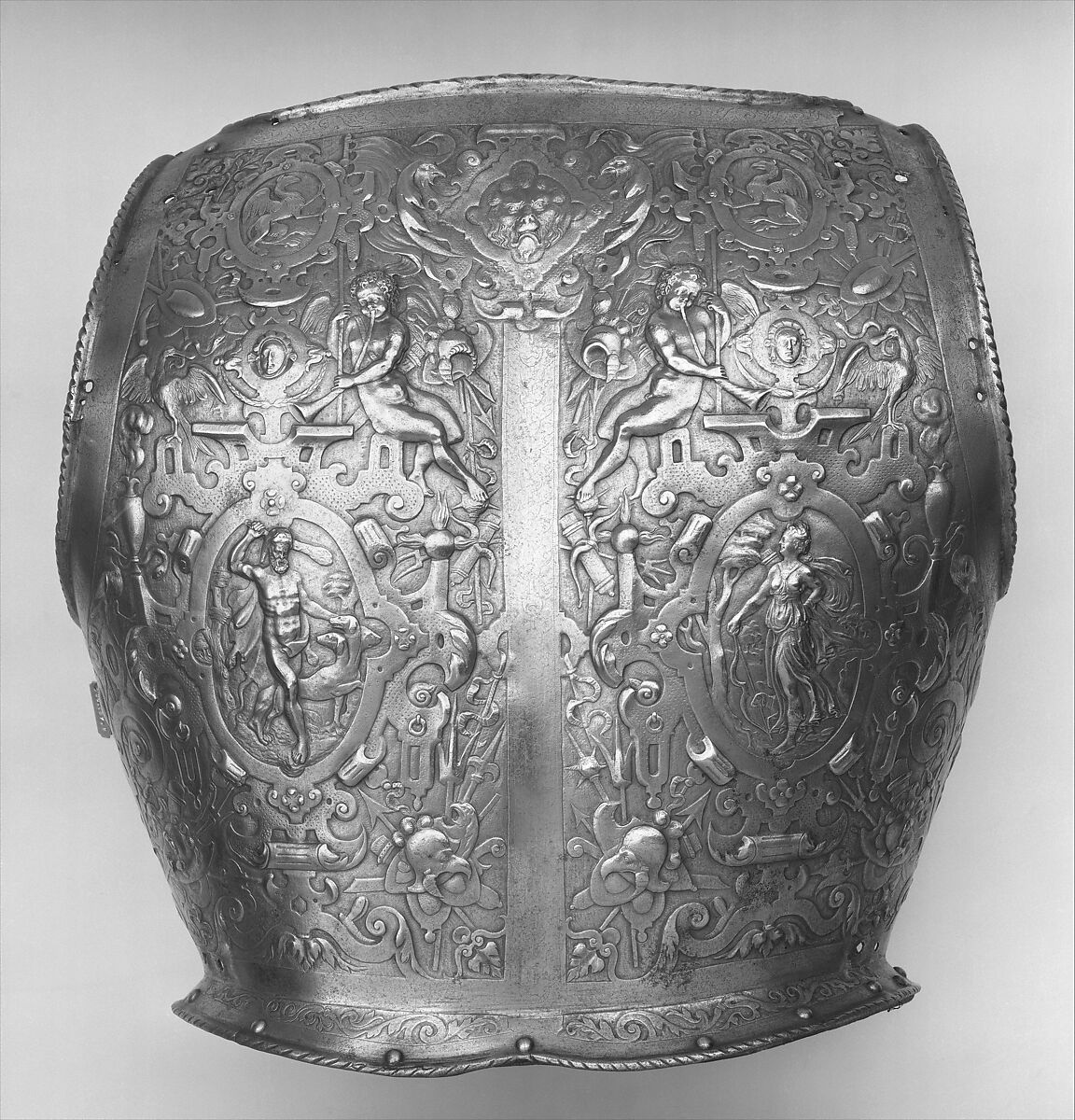 Helmet, Breastplate, and Backplate, Signed on the backplate by D. G. V. Lochorst (Flemish, possibly Antwerp, active ca. 1575), Steel, leather, textile (velvet, wool), Flemish, possibly Antwerp