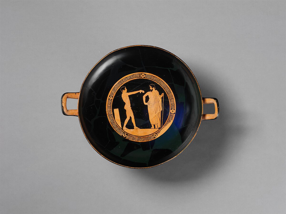 Terracotta kylix (drinking cup), Attributed to the Euaion Painter, Terracotta, Greek, Attic 