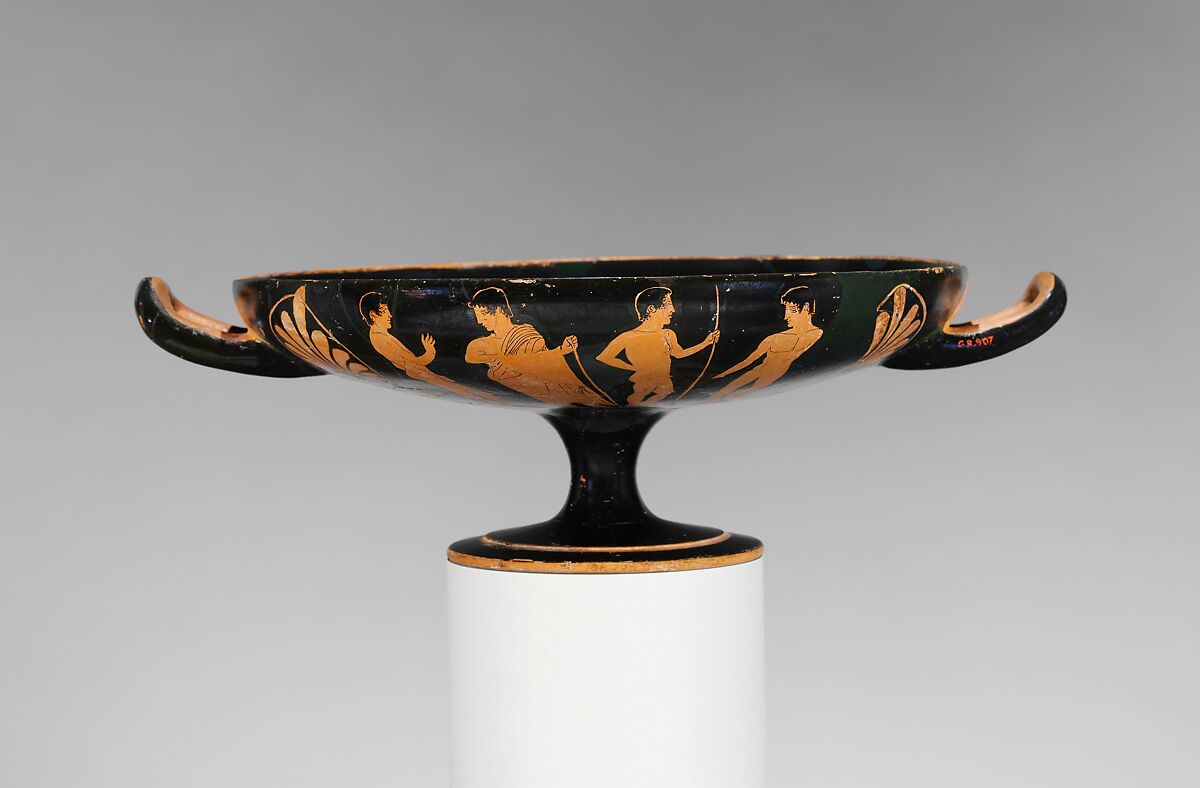 Terracotta kylix (drinking cup), Attributed to the Euaion Painter, Terracotta, Greek, Attic