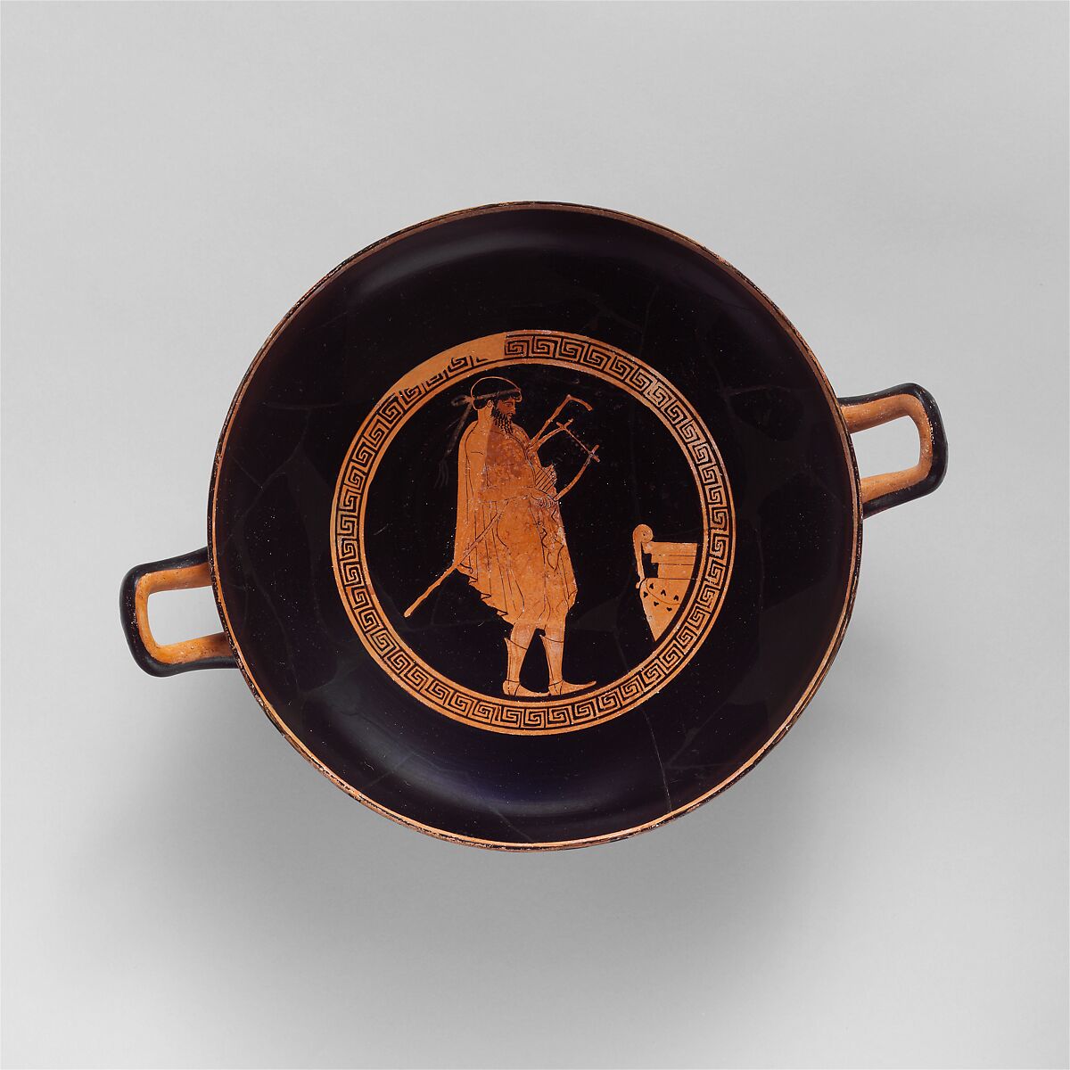 Terracotta kylix (drinking cup), Attributed to the manner of the Pistoxenos Painter, Terracotta, Greek, Attic 