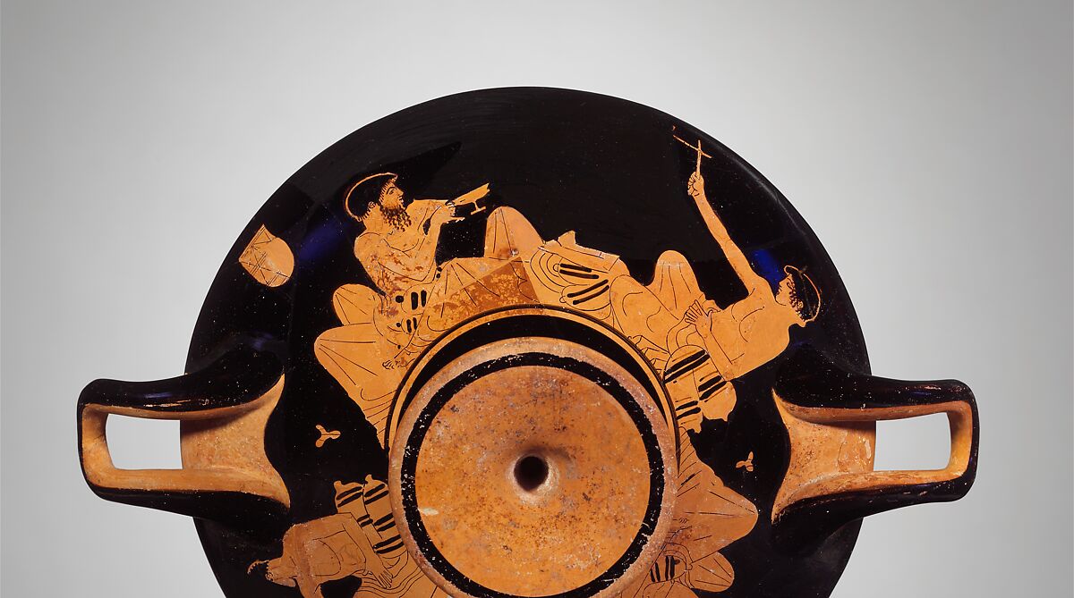 Terracotta kylix (drinking cup), Attributed to the manner of the Pistoxenos Painter, Terracotta, Greek, Attic