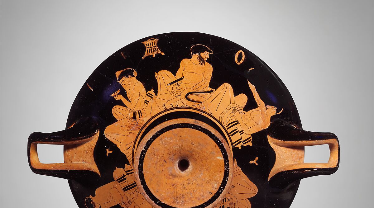 Terracotta kylix (drinking cup), Attributed to the manner of the Pistoxenos Painter, Terracotta, Greek, Attic