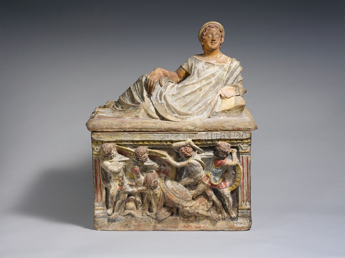 Terracotta cinerary urn, Terracotta, paint, Etruscan