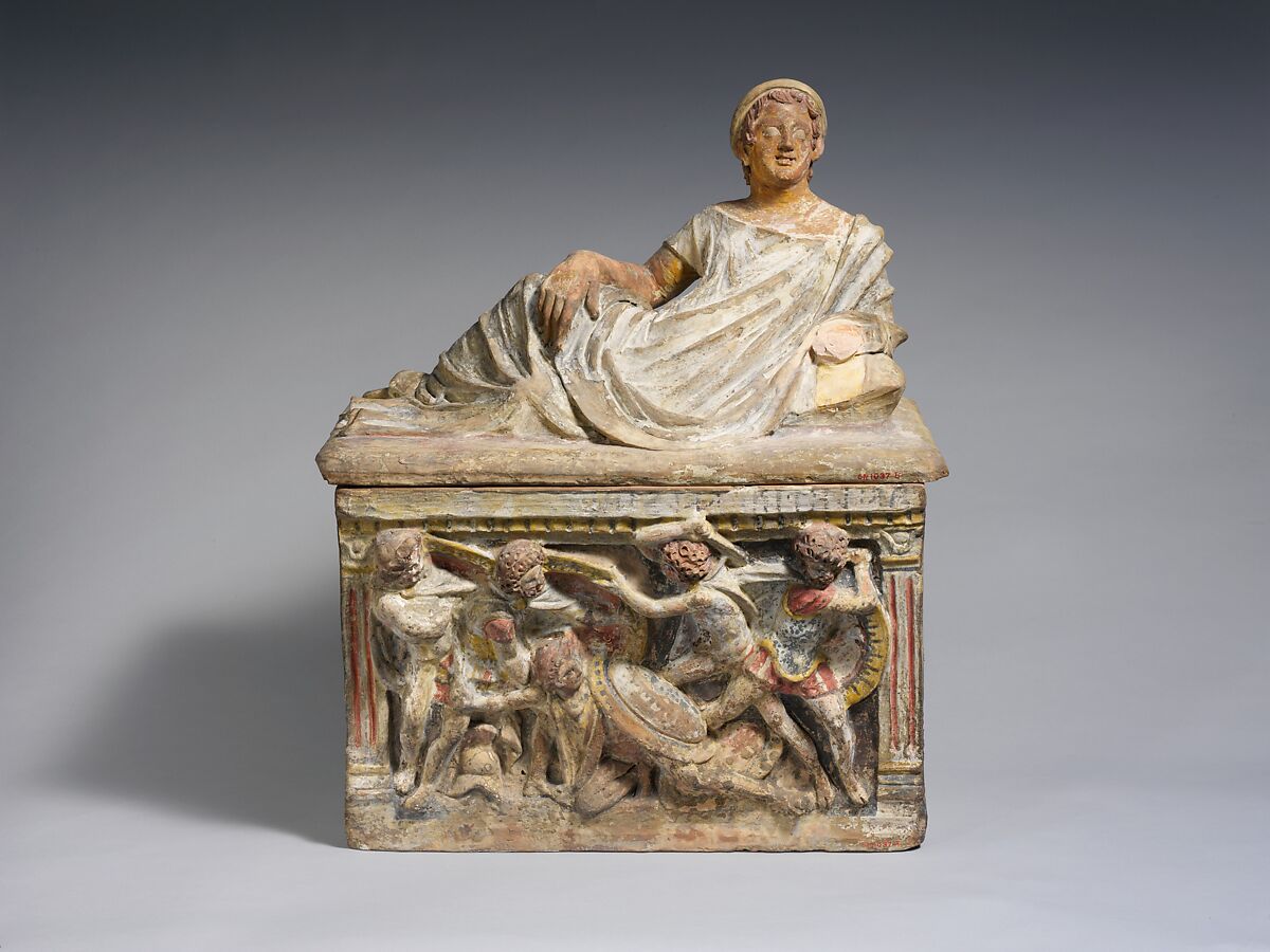 Terracotta cinerary urn, Terracotta, paint, Etruscan 