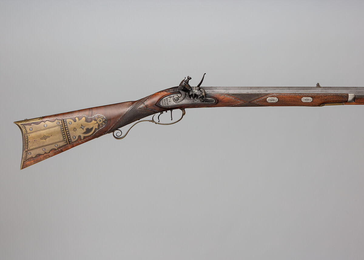 Flintlock Rifle with Case and Bullet Mould Made for Colonel Jacob Bates (1746–1836), Silas Allen Jr. (American, Shrewsbury, Massachusetts, 1785–1868), Steel, silver, brass, wood, silver wire, American, Shrewsbury, Massachusetts 