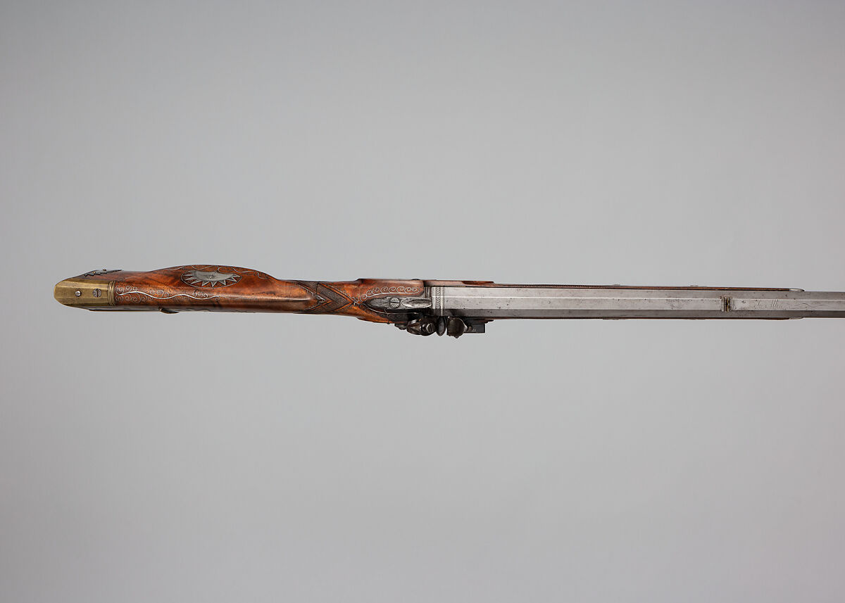 Flintlock Rifle with Case and Bullet Mould Made for Colonel Jacob Bates (1746–1836), Silas Allen Jr. (American, Shrewsbury, Massachusetts, 1785–1868), Steel, silver, brass, wood, silver wire, American, Shrewsbury, Massachusetts