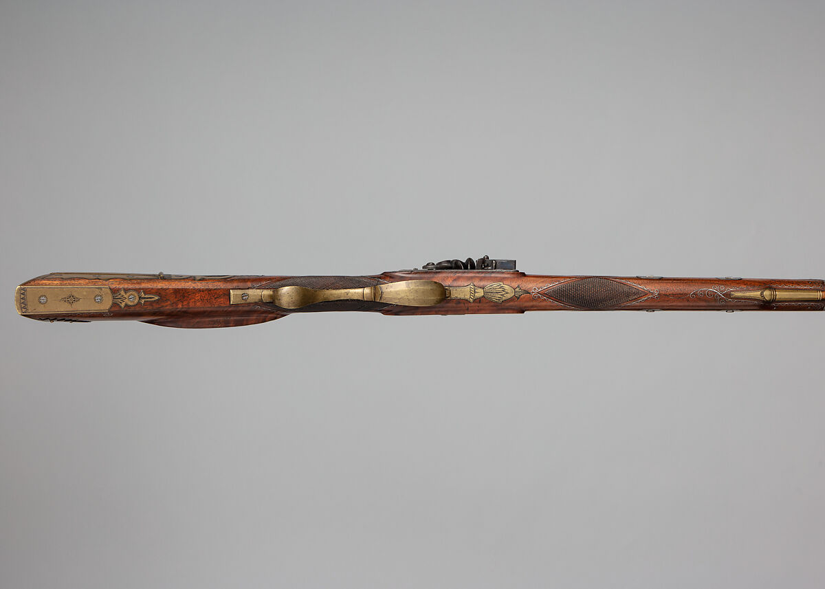 Flintlock Rifle with Case and Bullet Mould Made for Colonel Jacob Bates (1746–1836), Silas Allen Jr. (American, Shrewsbury, Massachusetts, 1785–1868), Steel, silver, brass, wood, silver wire, American, Shrewsbury, Massachusetts