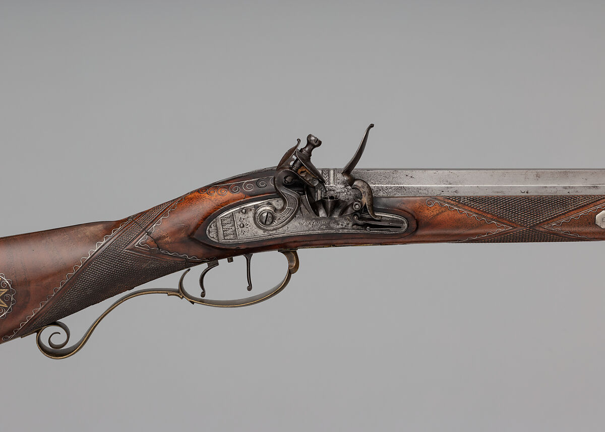 Flintlock Rifle with Case and Bullet Mould Made for Colonel Jacob Bates (1746–1836), Silas Allen Jr. (American, Shrewsbury, Massachusetts, 1785–1868), Steel, silver, brass, wood, silver wire, American, Shrewsbury, Massachusetts