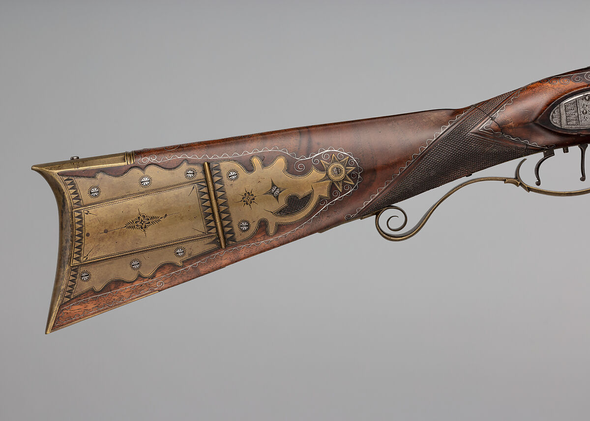 Flintlock Rifle with Case and Bullet Mould Made for Colonel Jacob Bates (1746–1836), Silas Allen Jr. (American, Shrewsbury, Massachusetts, 1785–1868), Steel, silver, brass, wood, silver wire, American, Shrewsbury, Massachusetts