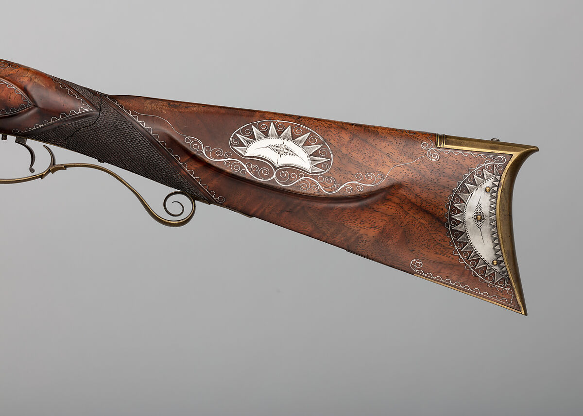 Flintlock Rifle with Case and Bullet Mould Made for Colonel Jacob Bates (1746–1836), Silas Allen Jr. (American, Shrewsbury, Massachusetts, 1785–1868), Steel, silver, brass, wood, silver wire, American, Shrewsbury, Massachusetts